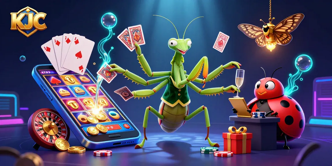 KJC casino adventure scene displaying a giant mantis card sharp and ladybug pit boss managing vibrant game elements.