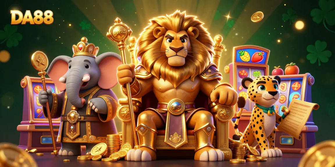 Engage with the thrilling DA88 casino experience featuring a lion king on a golden throne surrounded by slot machines.