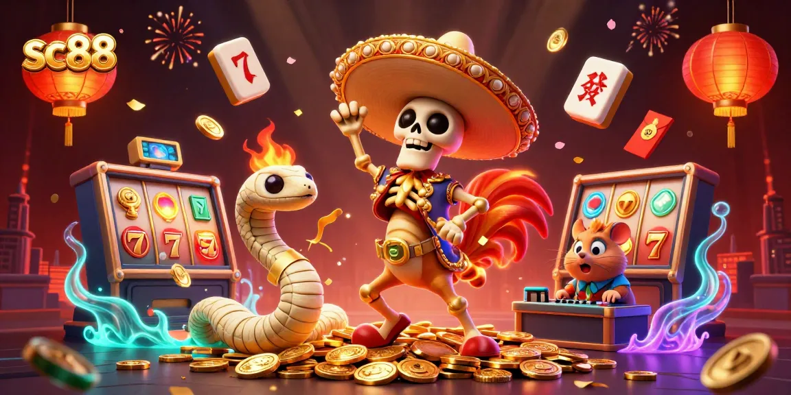 Engaging sc88 casino scene illustrating a vibrant victory dance with gold coins, slot machines, and festive elements