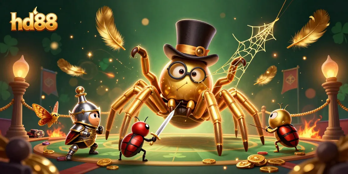 Join the adventure with hd88 as a golden tarantula and beetle knight face their challenges in a vibrant casino arena.