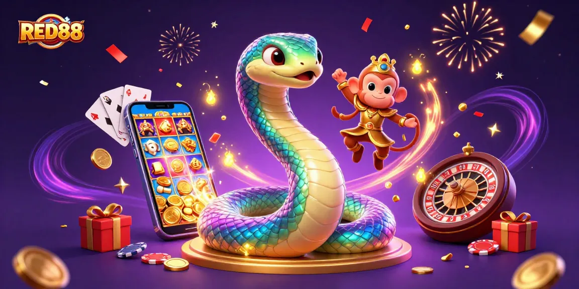 Spin and win at the RED88 casino with exciting games, golden coins, and magical elements.