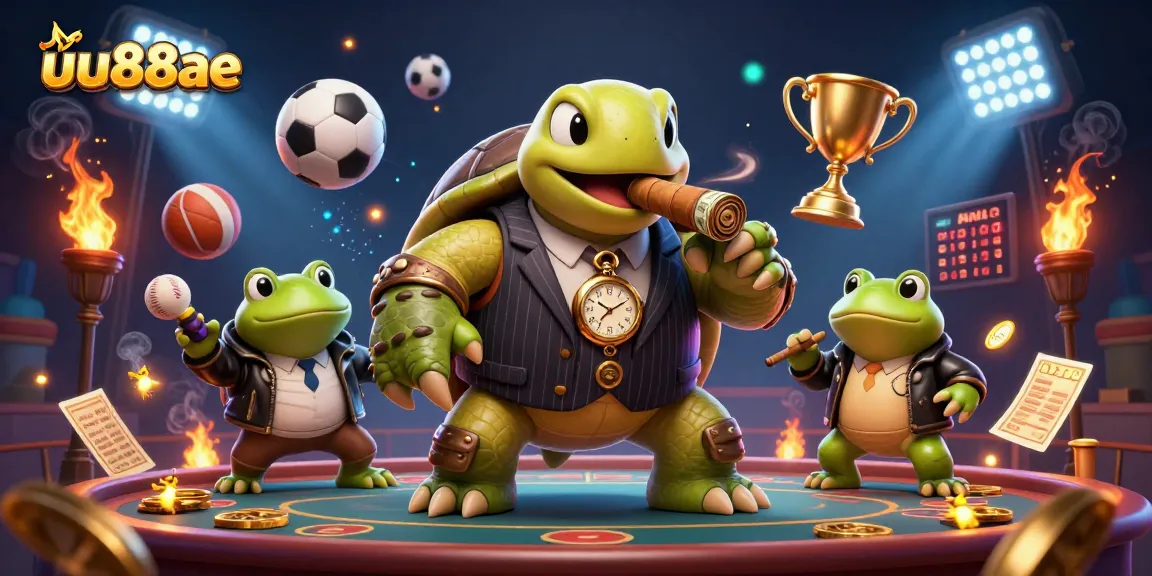 uu88ae showcases vibrant gambling action with a cartoon turtle and dynamic sports elements.