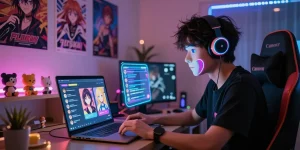 Engaging AI hentai chat interaction in a vibrant virtual anime setting.