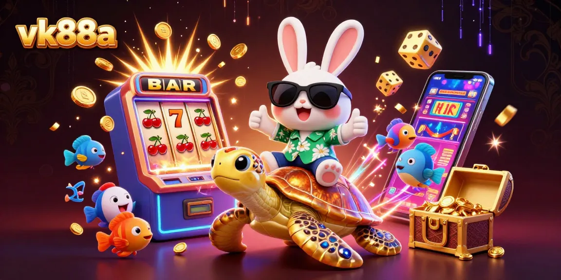Experience exhilarating winnings at vk88a, where a lucky rabbit rides a golden turtle amidst casino symbols.