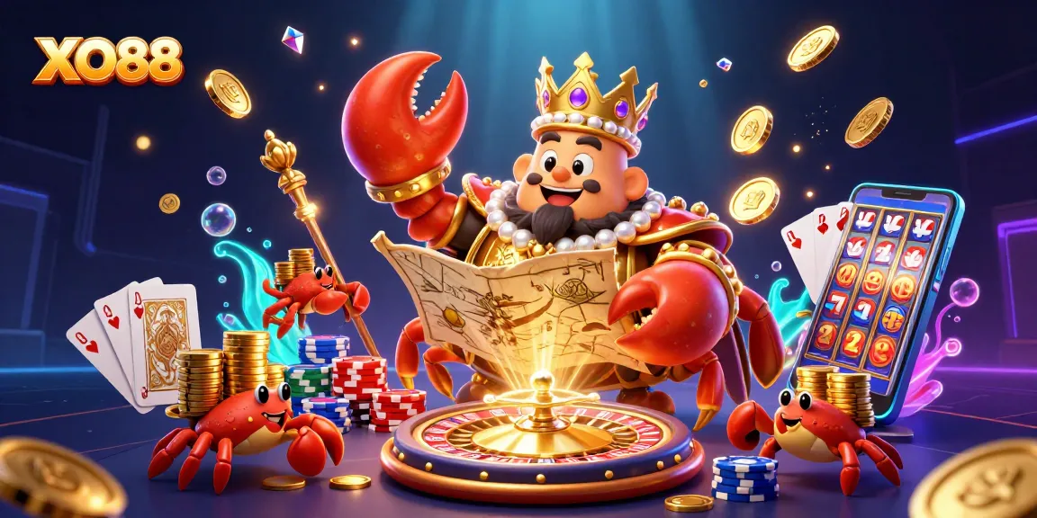 Experience thrilling outcomes at XO88 with a golden crab emperor surrounded by vibrant casino elements.