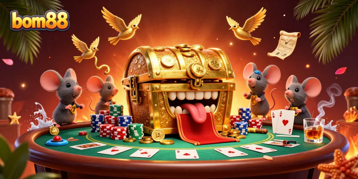 Experience rich gaming at bom88 with mice lured by a golden treasure chest and poker excitement.