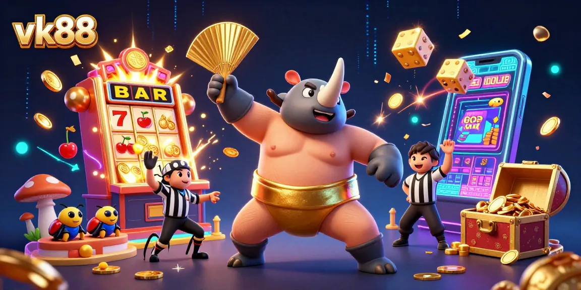 Experience vk88's thrilling jackpot action with a cartoon beetle champion and dynamic casino elements.