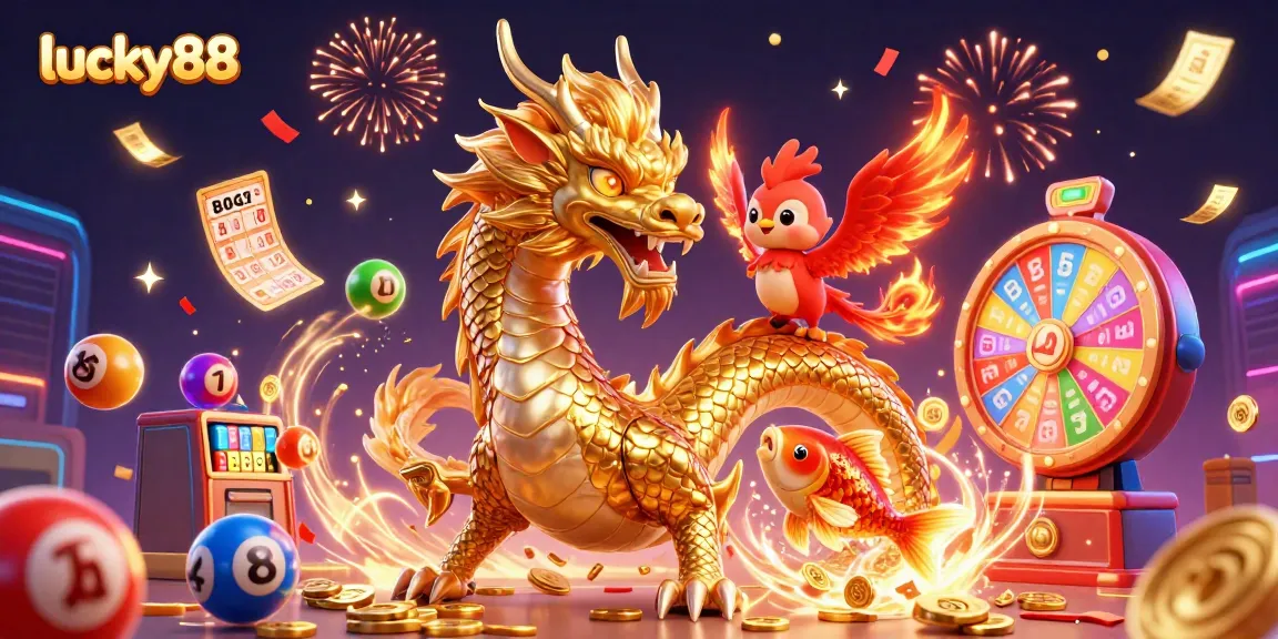 Lucky88 offers a colorful and immersive gambling experience with vibrant elements and a majestic dragon.