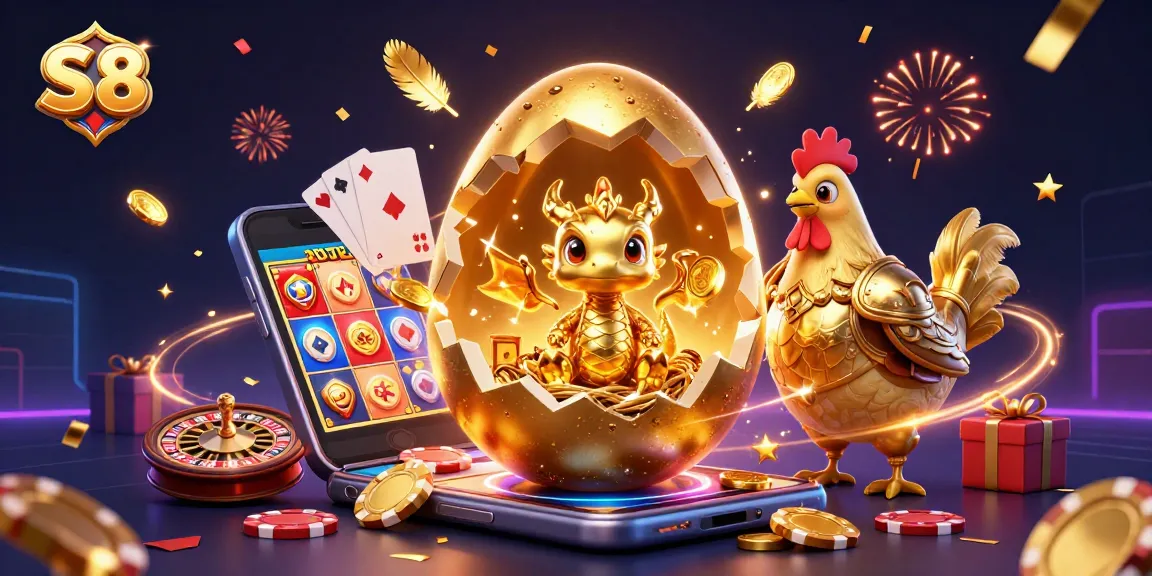 S8 slots players enjoying jackpot excitement with a golden dragon and poker chips in a vibrant 3D illustration.