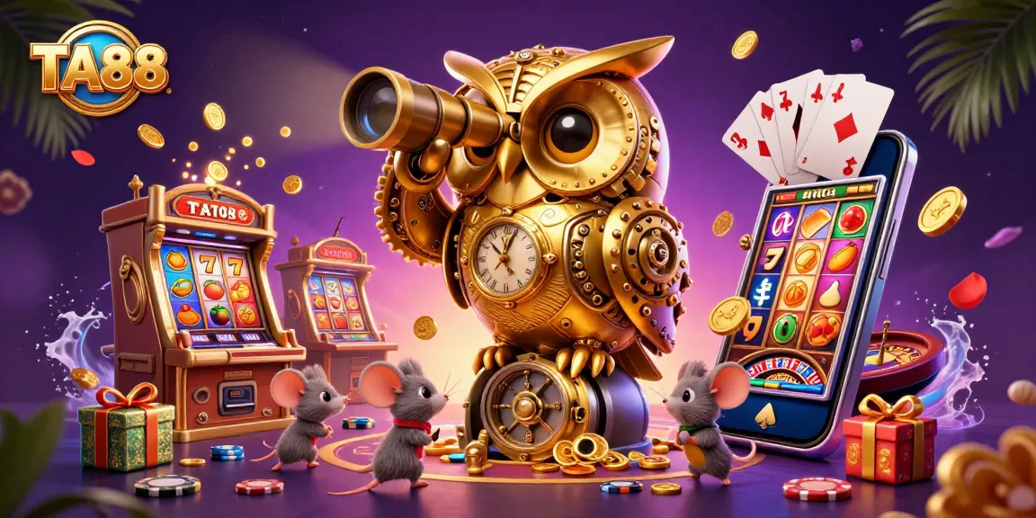 Engage with TA88 in a vibrant casino scene featuring a golden owl, slot machines, and exciting game elements.