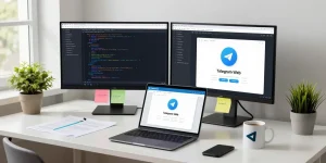 User accessing Telegram Web Version on a modern laptop in a sleek digital workspace environment.