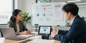 Business meeting discussing cyber essentials accreditation in a modern office