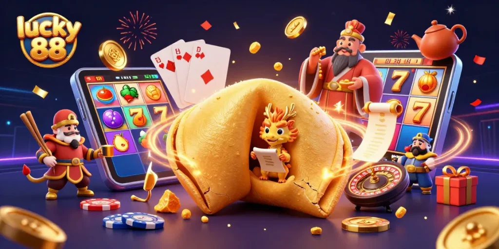 Spin and win with lucky 88's vibrant casino scene featuring 3D golden characters.