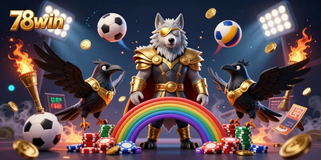Immerse in the excitement of 78win with a vibrant scene of Odin and ravens amidst dynamic sports elements.