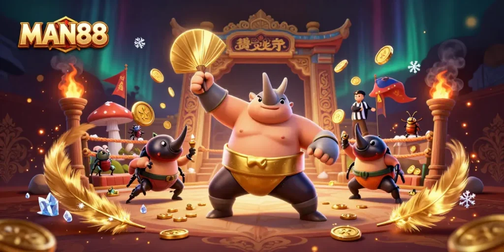 Join the excitement of MAN88 as the sumo champion beetle sends coins flying in a thrilling casino battle.