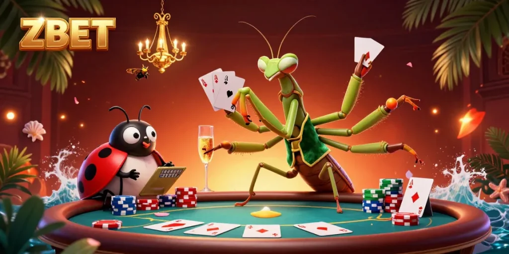 Experience ZBET's thrilling poker action with a cartoon mantis dealer and vibrant casino elements.