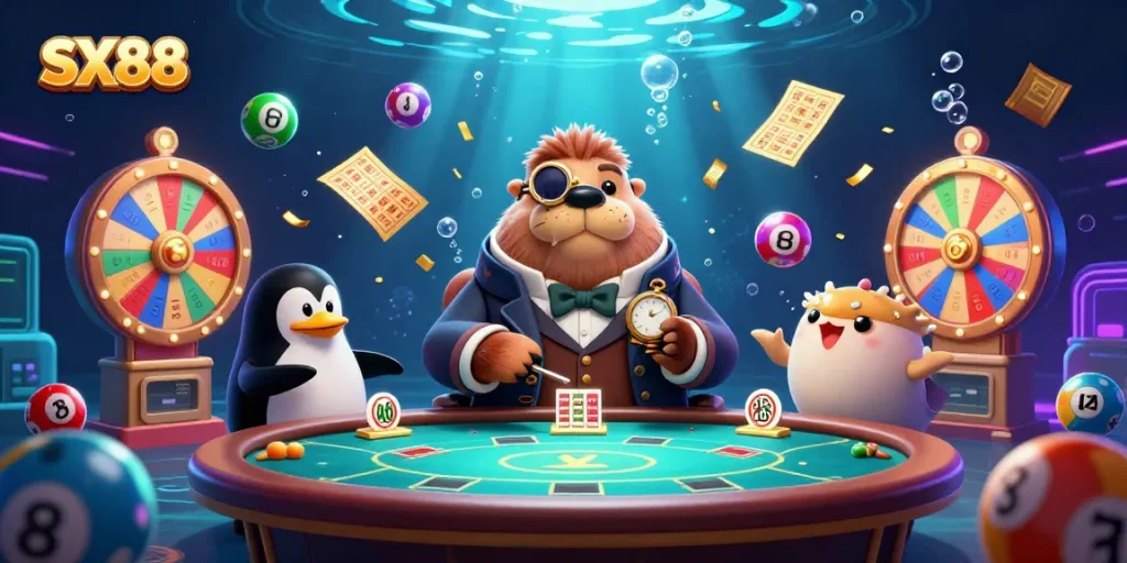 SX88 showcases a jolly walrus with a monocle at an underwater poker table, surrounded by vibrant casino elements.