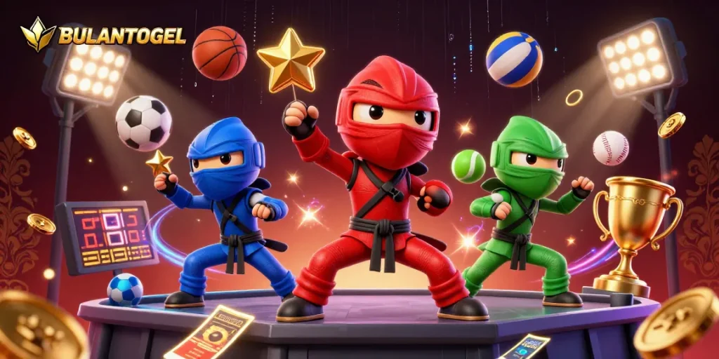 BULANTOGEL embodies a vibrant scene with ninja chameleons performing martial arts amidst sports elements and energy effects.