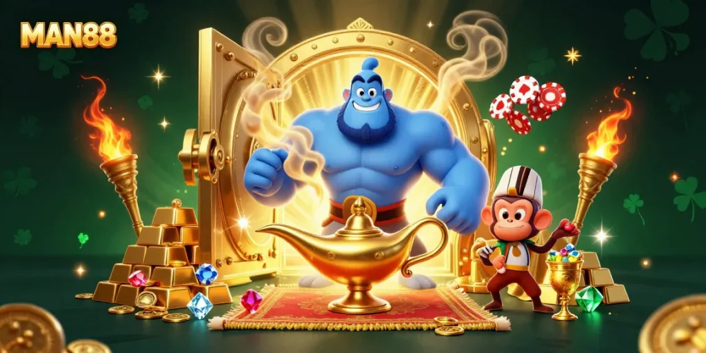 Win big with MAN88 in this vibrant, richly decorated casino illustration.