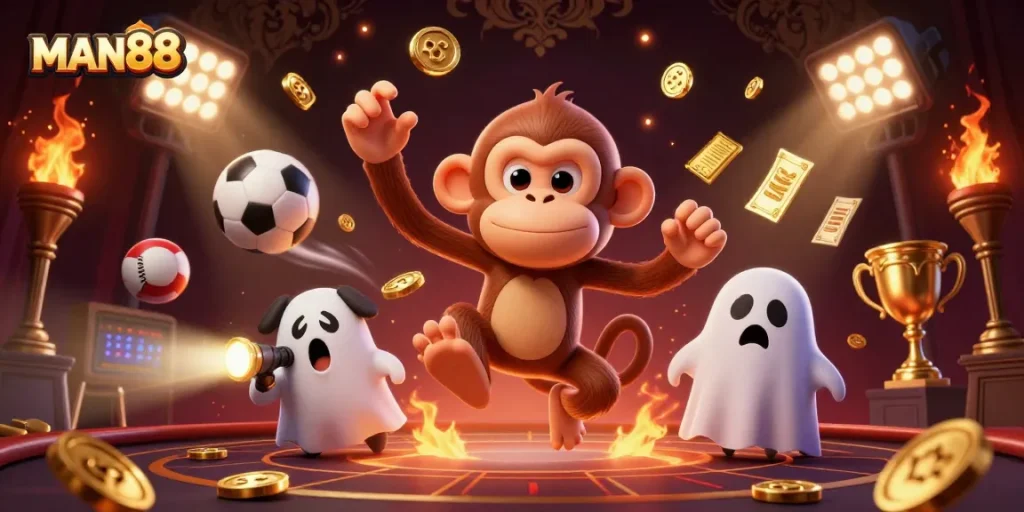 Track golden winnings with MAN88 at a haunted casino featuring hilarious characters
