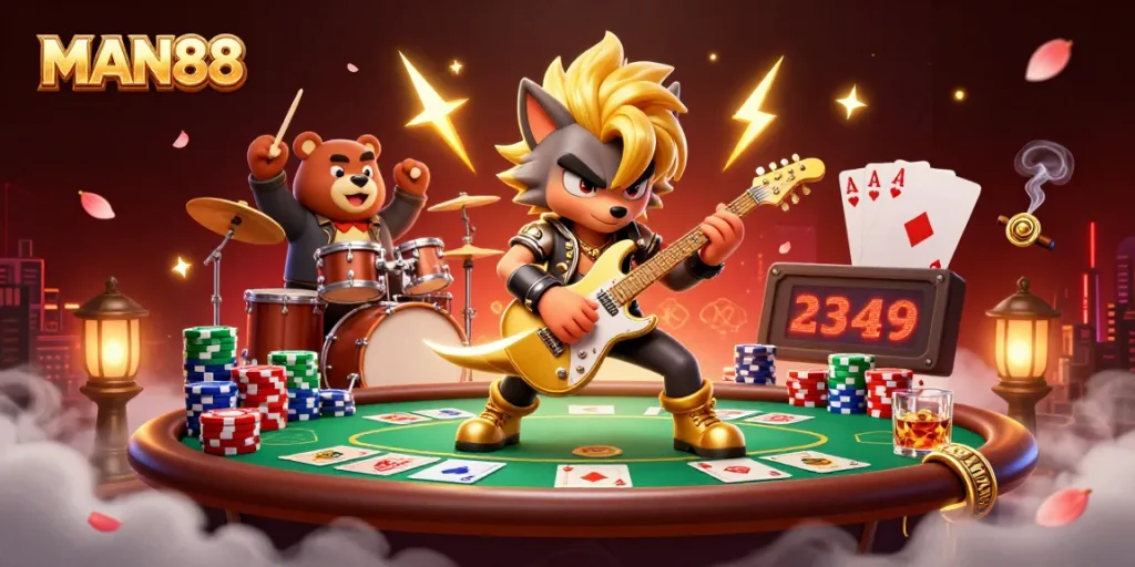 Experience exhilarating gaming moments with MAN88 on stage featuring a cartoon wolf and bear musicians.