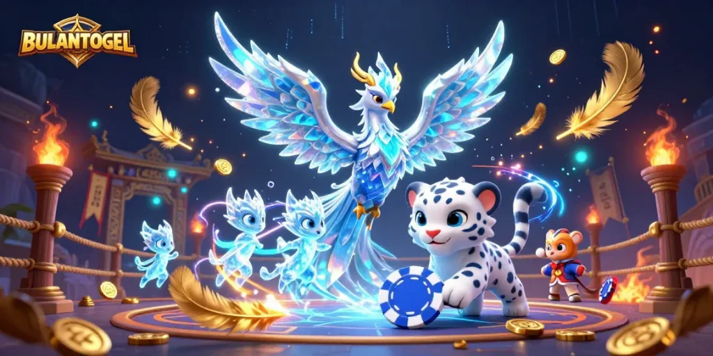 BULANTOGEL showcases a vibrant 3D scene with a phoenix and gameplay excitement featuring vibrant casino elements.