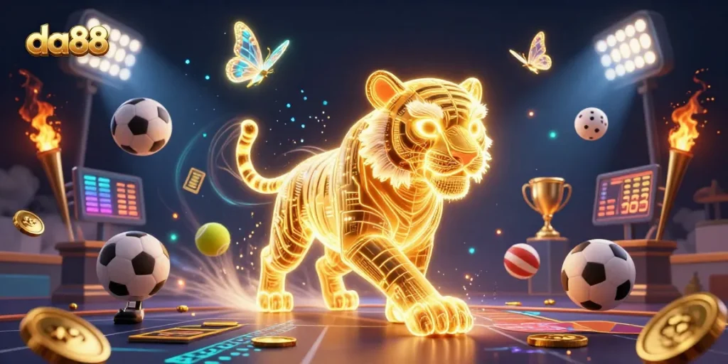 Engage in thrilling gameplay with da88 - a vibrant digital casino scene featuring a golden tiger and sports elements.