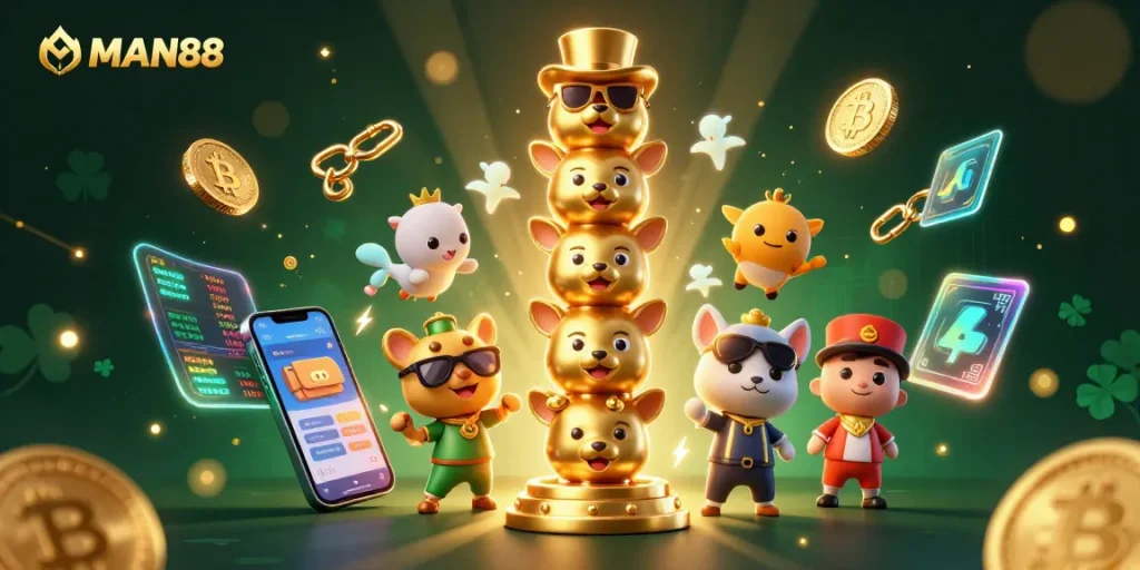 Join the excitement at MAN88 with vibrant digital illustrations of crypto gaming elements.