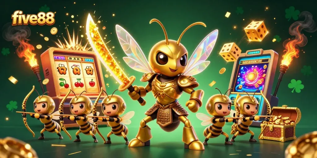 Spin for fortune with five88’s vibrant casino scene showcasing energetic characters and iconic symbols.