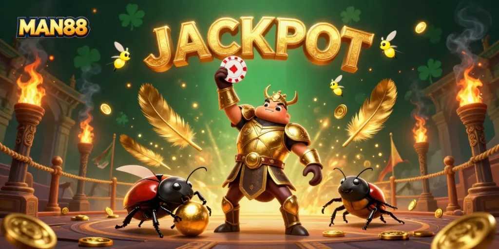 Engage in winning moments with MAN88, where a hercules beetle celebrates jackpot victories.