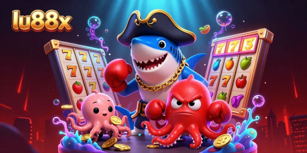 lu88x captures the excitement with pirate shark and colorful slot elements in an engaging casino scene.